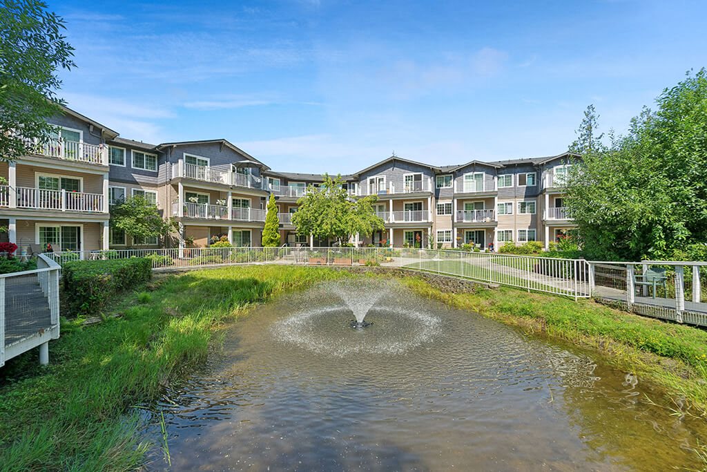 Fountain outside at Woodlands at Forbes Lake Apartments in Kirkland WA